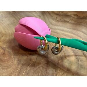 Mixed Metal Two Tone Heart Charm Hoop Earrings Gold Silver Puffed Heart Dangle